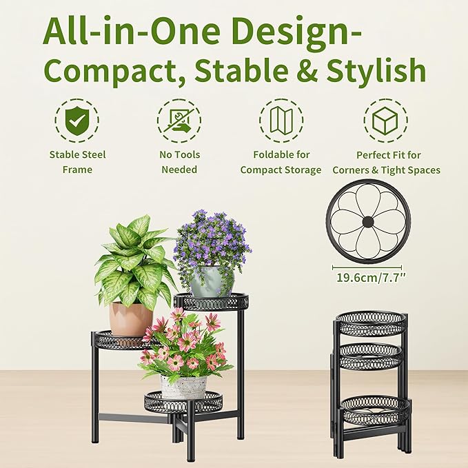 NQW 3 Tier Metal Plant Stand Indoor Outdoor, Corner Tall Plant Shelf for Multiple Plants, Foldable Heavy Duty Plant Holder, Decoration Flower Pot Stand for Patio Living Room Balcony Garden - BlackFlower