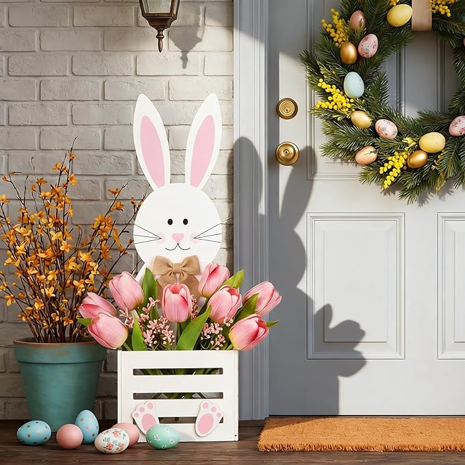 Easter Wooden Bunny Planter Box Flower Pot Rabbit Basket Easter Bunny Porch Decor for Spring Front Door Outdoor Indoor Patio Lawn Garden Backyard 31.5''h