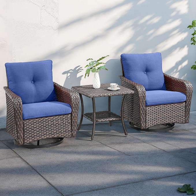 Rilyson Outdoor Patio Swivel Rocker Chairs - 6 PC Wicker Patio Bistro Sets with High Back,Comfy Cushions, Deep Seating and Side Table for Porch Deck Backyard Garden(Brown/Blue)