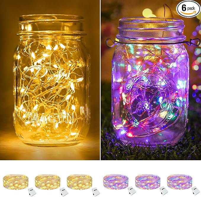 btfarm 6 Pack Fairy Lights Battery Operated [3 Modes], 7ft 20 Led Twinkle String Lights Waterproof Bulk Small Mini Sliver Wire for Christmas Mason Jars Wedding Table Centerpiece, Warm White/Colorful