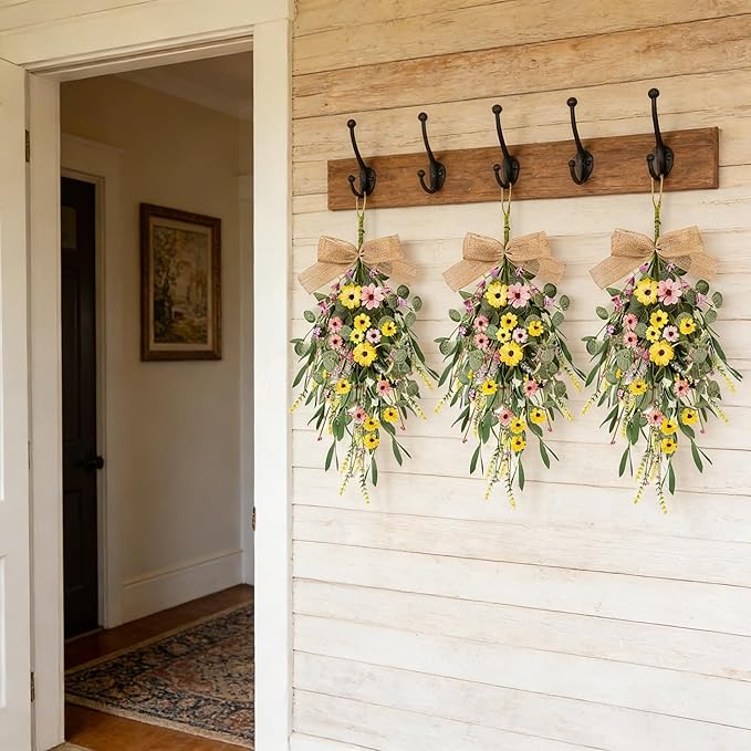 22" Artificial Spring Summer Swag Wreath 2Pcs Spring Summer Floral Teardrop Swags for Front Door Farmhouse Kitchen Cabinet Wreaths with Ribbon Faux Flowers Hanging Wreaths for Porch Wall Window Decor