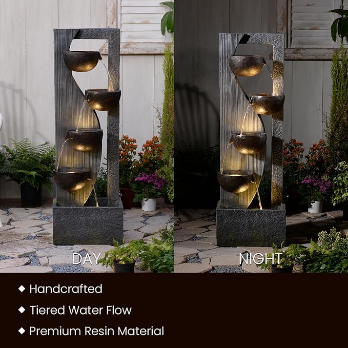 Outdoor Waterfall Fountain 5 Tier Tall Design 49.2 Inch Water Fountain with LED Lights and Pump Decorative Water Feature for Garden Patio Backyard