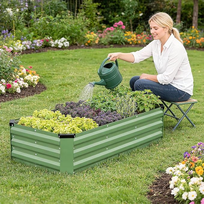 G GOOD GAIN 4x2x1ft Galvanized Raised Garden Bed, Heavy-Duty Metal Planter Boxes Outdoor for Vegetables Flowers Herbs, Olive Green(2 Pack)