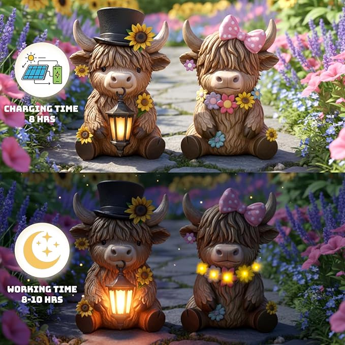 Retisee 2 Pcs Solar Highland Cow Garden Statues Resin Garden Highland Cow Statues with Flower LED Lights Outdoor Funny Solar Light Figurines Decoration for Yard Patio Lawn Gifts for Grandma Mom Women