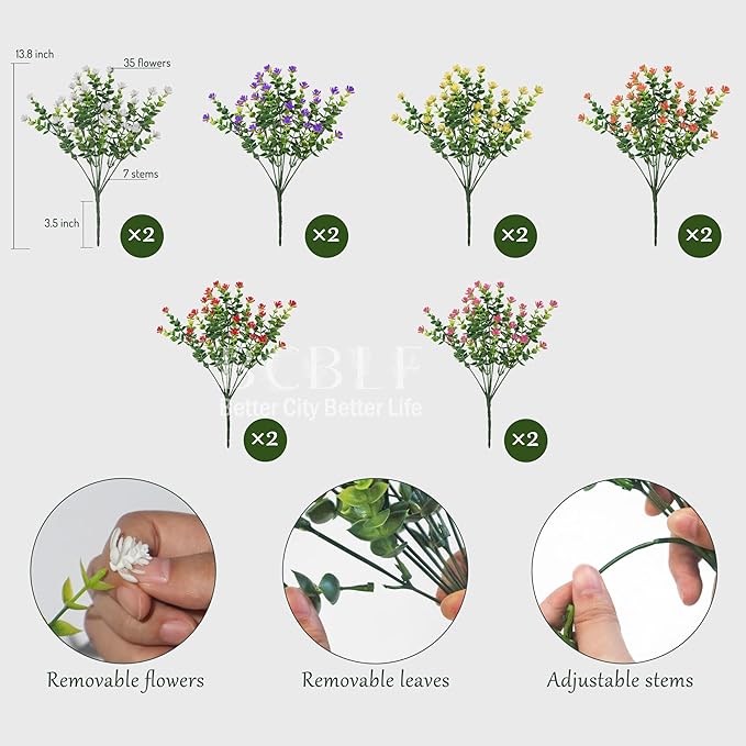 BCBLF Not-Fading 6 Color Mixing Artificial Flowers, 12 Bundles Realistic Faux Plants for Indoor & Outdoor Décor Weatherproof PE Fake Plants for Porch Patio Garden and Home Decoration