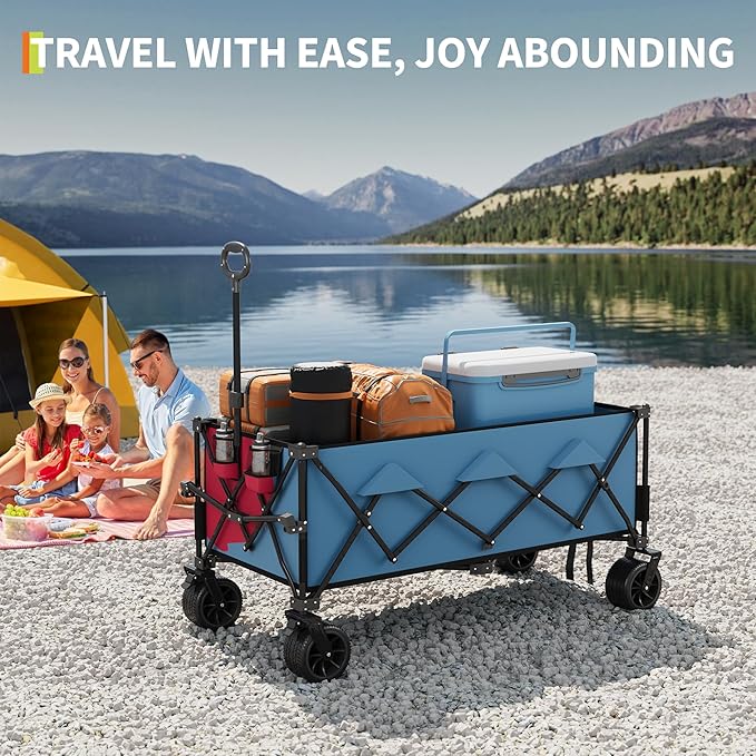 GarveeLife Heavy Duty Utility Beach Wagon Cart, Collapsible Wagon Beach with All Terrain Wheels, Extra Long WagonCart Foldable with Cup Holders for Sand