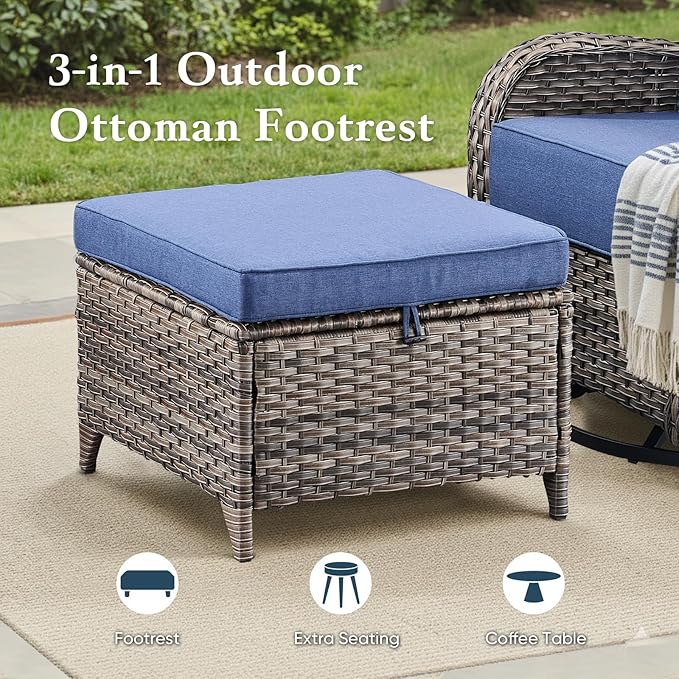 Belord Luxury 6" Thick Cushioned 10 Pieces Patio Furniture Set with Fire Pit Table, Wicker Outdoor Conversation Set with High Back Swivel Rocker Chairs for Deck Porch Yard and Poolside - Grey+Blue
