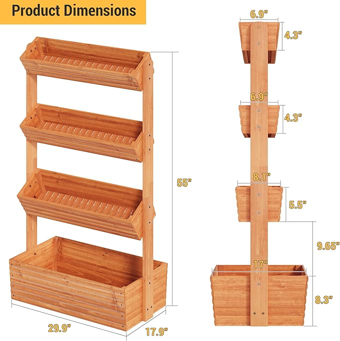 Vertical Wooden Raised Garden Bed Planters Wood Planter Kit Plant Stand Flower Rack Planter Box Gardening for Plants Herbs Flowers Vegetables Outdoor Indoor Freestanding (Orange 4-Tier)