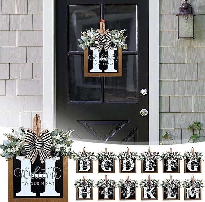 Last Name All Year Wreath, for Front Doors, Spring, Fall, 26 Last Name Letters All Year Round Wreaths, Suitable for Wedding Decorations, Home Porches, Farmhouses, Yards, Garden Decorations, Gifts (H)