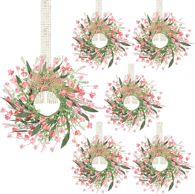 6 PCS Artificial Spring Summer Swag Wreaths Mini Pink Forsythia Lavender Kitchen Cabinet Wreath Small Floral Hanging Flowers Wreaths for Front Door Wedding Farmhouse Porch Wall Window Tabletop Decor