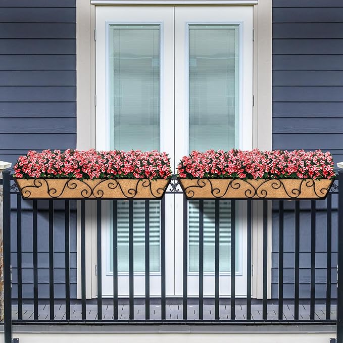 Y&M 30 Inch Window Deck with Coco Liner, Fence Metal Hanging Flower Planter Window Basket Deck Railing Planter Boxes for Outdoor Garden Lawn-Butterfly, 2pcs