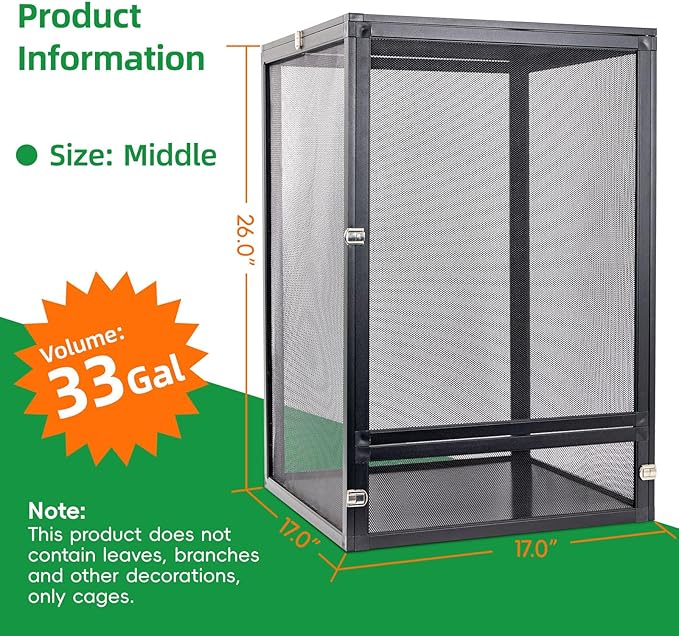 BINANO 33 Gal Detachable and Foldable Reptile Butterfly Cage Terrarium, 360° Observation, Airflow, Interaction in Gecko Tank for Crested Geckos, Leopard Geckos, Chameleons, Bearded Dragons