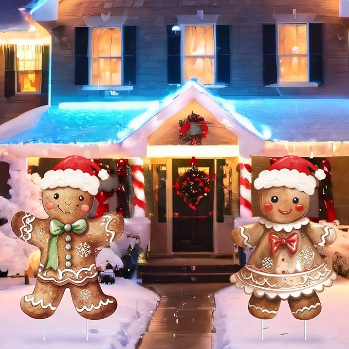 Nuanchu 2 Pcs Metal Gingerbread Yard Signs Christmas Yard Sign Stake 26.0 Inches Waterproof Gingerbread Boy and Girl Lawn Signs Christmas Outdoor Decorations for Outside Xmas Garden Holiday Decor