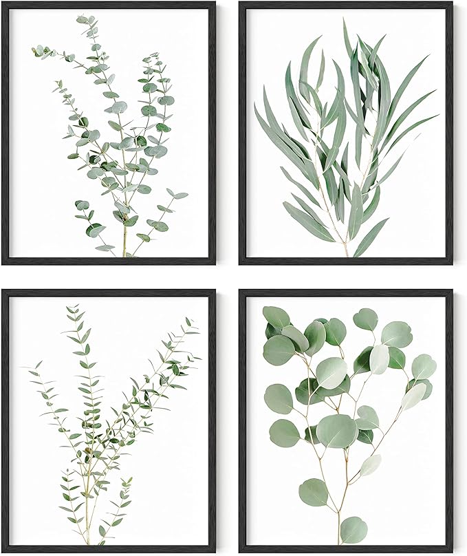 HAUS AND HUES Botanical Plant Wall Art Prints - Set of 4, Plant Wall Decor, Floral Kitchen, Flower Leaves Wall Art, Boho Eucalyptus Decor, Green Botanical Poster (8x10, Black Frame)