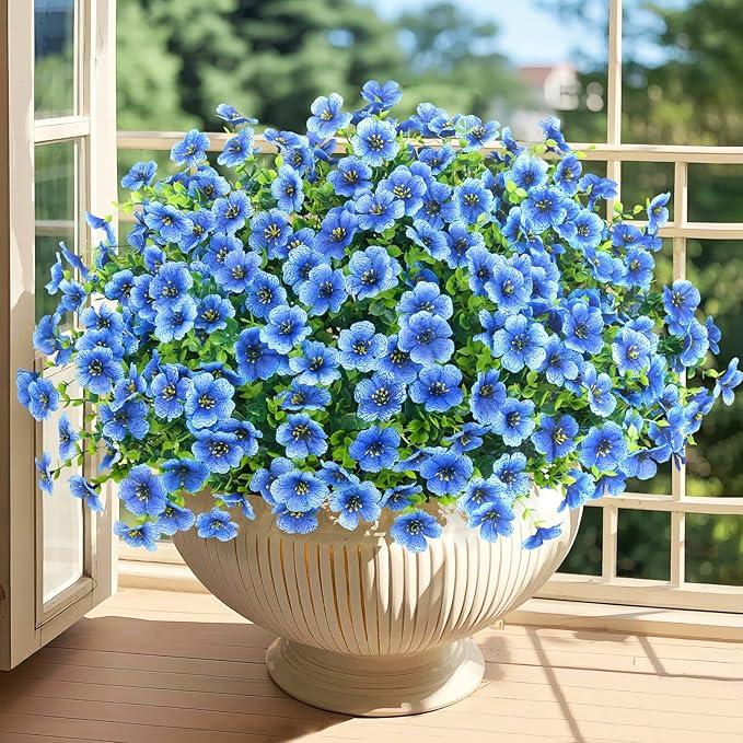 Besteek 20 Bundles Artificial Flowers for Outdoors Decoration Fake Silk Flowers UV Resistant Faux Plants Artificial Daisy Eucalyptus for Spring Summer Garden Yard Porch Window Home Decor, Blue