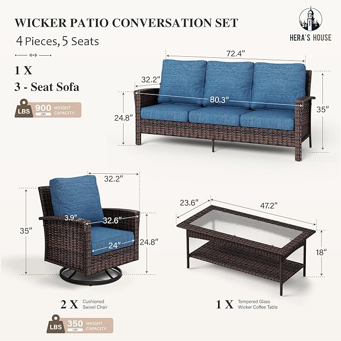 HERA'S HOUSE Outdoor Furniture with High Back Swivel Chairs, 4-Piece Patio Conversation Sets with 5.5" Thick Cushion, Deep Seating Wicker Rattan Sofa Set for Deck Lawn Deck Yard, Blue