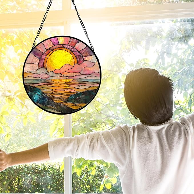 DASTOLL Stained Glass Window Hanging, Sunrise Over The Sea Suncatcher Diamond Glass Panel Hangings Abstract Sun Catchers Decor for Birthday for Women, Men, Wife, Aunt, and Mom 7.8 in
