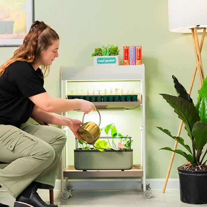 Vego garden 2 Tier Rolling Metal Corner Plant Stand Indoor with Grow Light, Full Spectrum LED Grow Light, Plant Rack for Seed Starting, Leafy, Herbs, Fruits & Microgreens