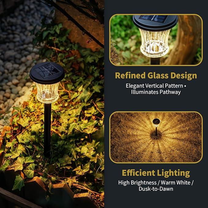OPOIRA Glass Solar Pathway Lights Outdoor Waterproof, Decor Landscape Lighting with Modular Design, 3000K LED, Auto On/Off Solar Stake Light for Yard Garden Driveway Walkway Lawn, Warm White (6 Pack)