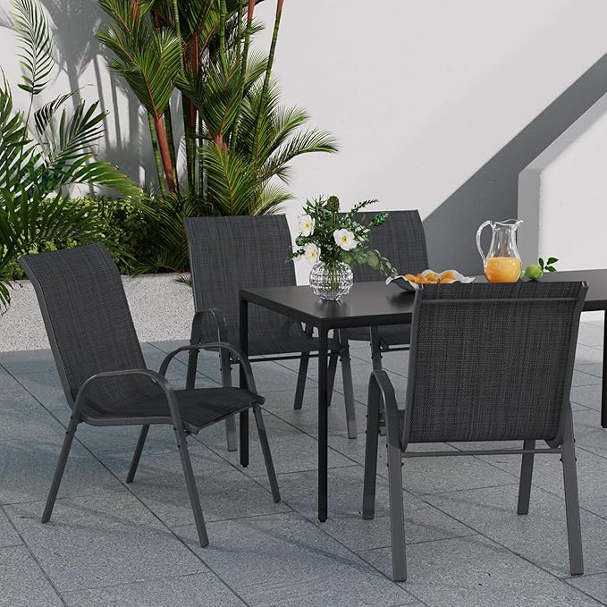 Patio Dining Chairs Set of 4, Stackable Dining Chairs High Back, Breathable Seat Fabric and Alloy Steel Frame Fit Backyard, Porch, Lawn，Poolside (Dark Grey)