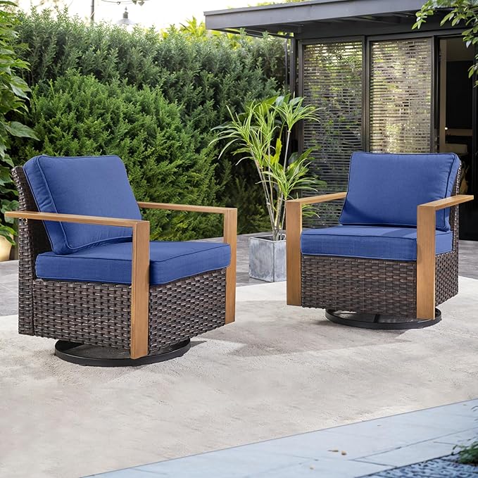 Rilyson Outdoor Swivel Patio Rocker Chairs - Wicker Rattan Patio Swivel Rocking Chairs Set of 2 with Metal Wide Armrest, Thick Cushions and Deep Seating for Deck Porch Sunroom Garden(Brown/Blue)