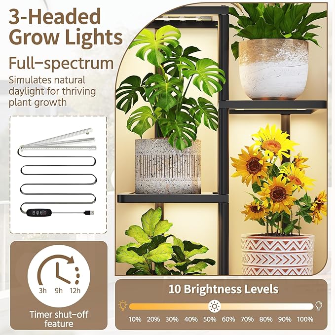 LASZOLA 5 Tier Plant Stand Indoors Outdoors with Light for Large Heavy Duty Planter, Black Metal Tall Flower Holder Rack for Modern House Corner, Vertical Iron Organizer with Multiple Rustic Shelf