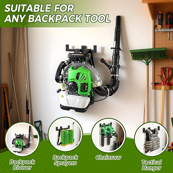 Backpack Leaf Blower Hanger with Hose Holder,Heary Duty Backpack Blower Sprayer Rack,Backpack Blower Wall Mount,Backpack Hanger for Weed Eater,Hedge Trimmer,Chain Saw,Garage Organizer Storage(2 PCS)