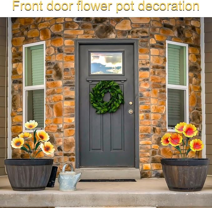 Yaocom 2 Pack Metal Flowers for Outdoor, Decorative Garden Stakes Yard Art, Outdoor Spring Garden Stake Summer Decor Bouquet of Poppy Flower Rustic Handcrafted Items for Lawn Porch Fence(Yellow)