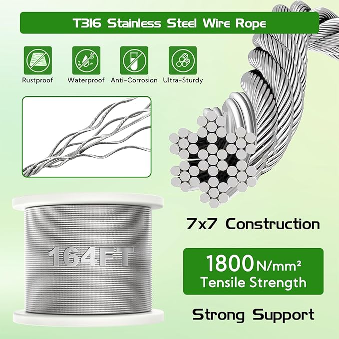 PLANTOP Wire Trellis for Climbing Plants Outdoor, 20 Set Wall Trellis Kit with 1/8" x 164ft Stainless Steel Cable, T316 Cylindrical Espalier System Cable Trellis Kit for Green Wall Fence DIY Projects