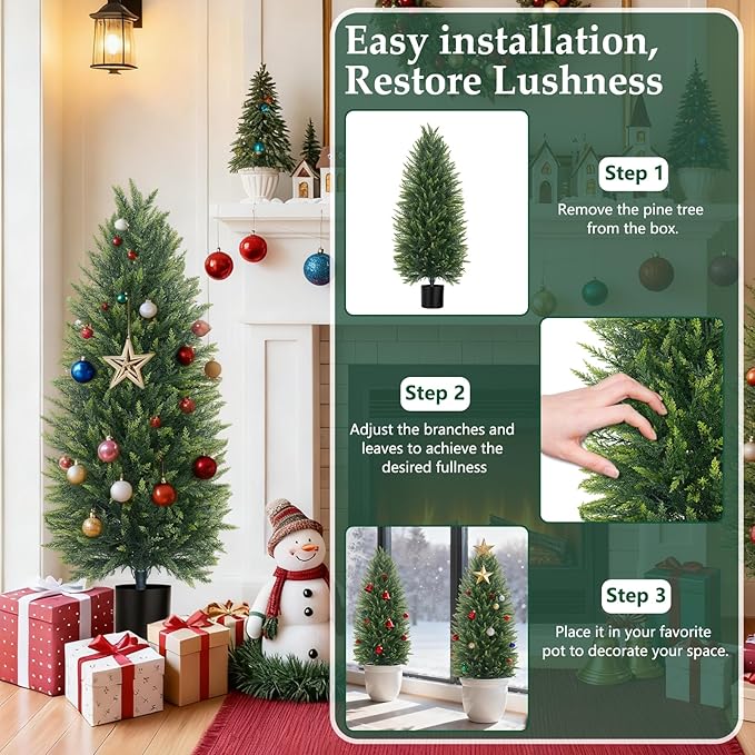 EverNature 4FT Artificial Topiary Cedar Trees, 2Pack Realistic Faux Cypress Plants with Pot, Fake Bushes Pine Tree for Outdoor Front Porch Garden Indoor Christmas Home Decor
