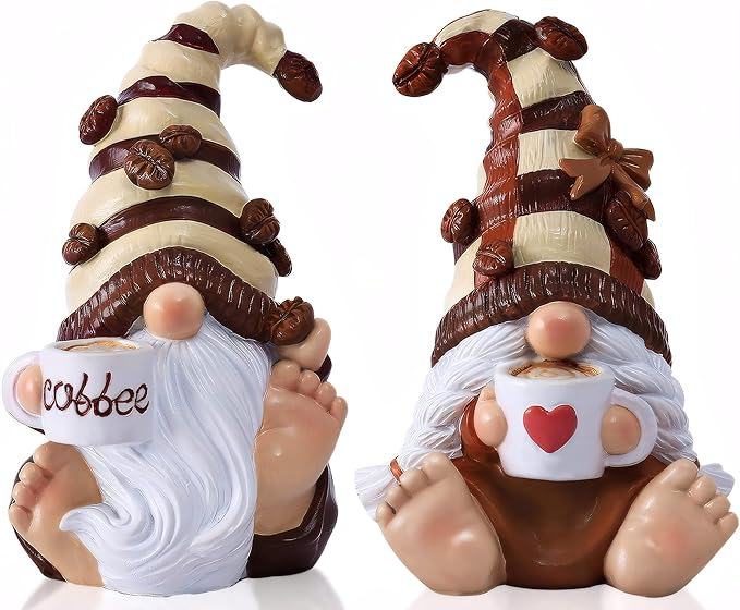 2PCS Coffee Gnomes Figurines Valentines Day Decorations Valentines Gifts Coffee Bar Accessories Decor Elfs Statue Cute Resin Housewarming Gifts for Women Tiered Tray Table Ornament,Sit 4.7H