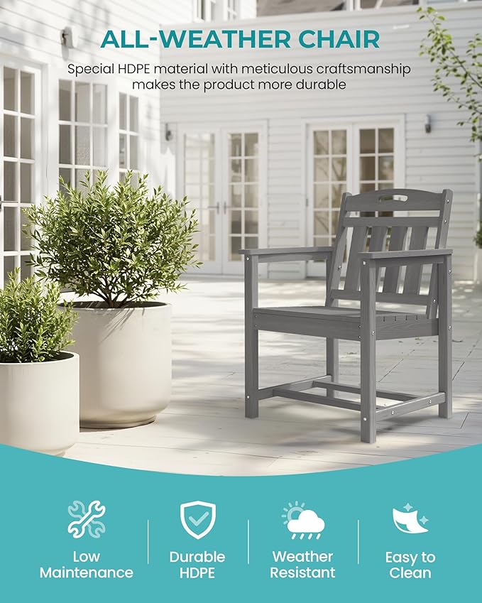 Outdoor Patio Dining Chair - All-Weather Fade-Resistant HDPE, Low Maintenance - for Garden, Backyard, Deck - Grey