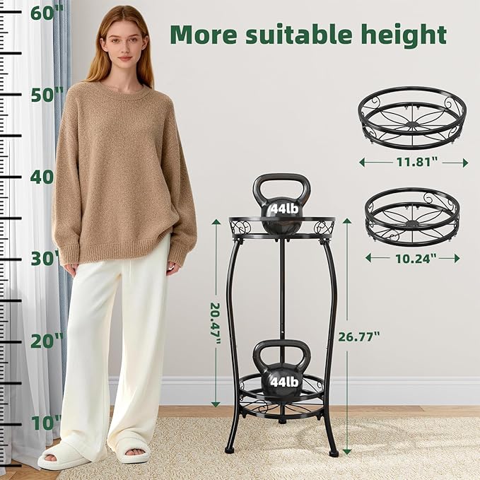 Simple Trending Plant Stand for Indoor Outdoor Use, 2-Tier 26.77” Metal Round Plant Shelf with Waterproof, Rustproof Flower Pot Holder for Garden, Balcony, Patio, Black