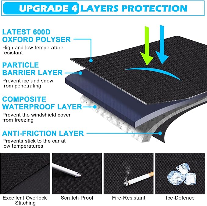 Tevlaphee Windshield Cover for Ice and Snow, Heavy Duty 600D Oxford Fabric, Waterproof, Embedded Magnets, Side Mirror Protector, Fit Most Cars, SUVs, Vans, Truck