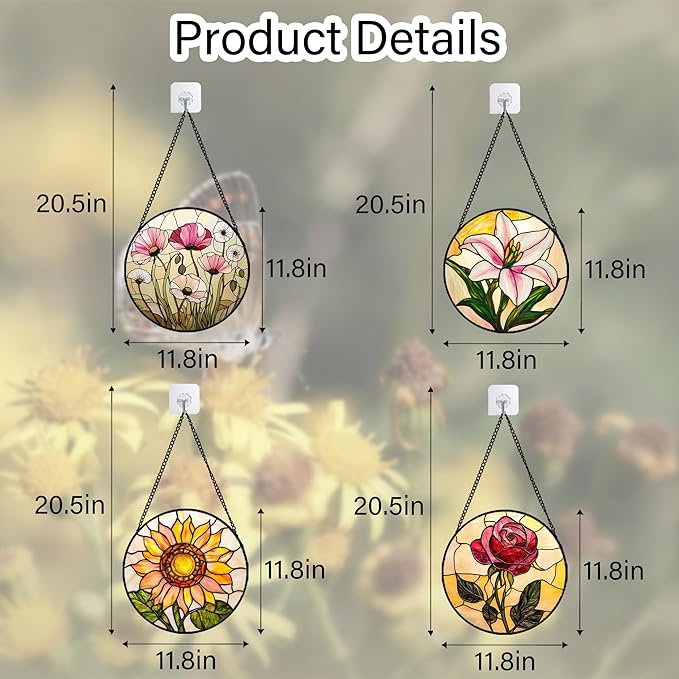 AMDERVEN Stained Glass Window Hanging 4 Pcs Set Lily Rose Sunflower Poppy Large 11.8" - Flower Suncatcher Door Garden Sun Catcher Decor Birthday Mother's Day for Wife Woman Nana Girl