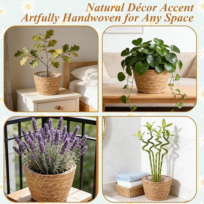 2PCS Seagrass Plant Basket for Indoor and Outdoor,Wicker Planter Basket with Liner for 6 inch Pot,Indoor Plant Pot Covers for Potted Plants, Rattan Storage Baskets for Rustic Boho Farmhouse Decor