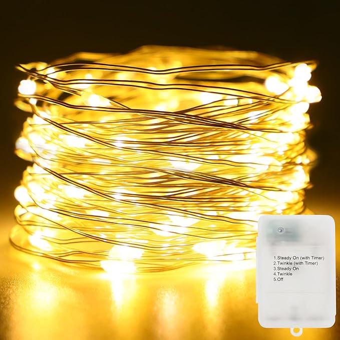 Fairy Lights Battery Operated 16.4Ft 50 LED Silver Copper Wire Twinkle Lights with 2 Lighting Modes for Christmas Bedroom Wedding Dorm Party Holiday Yard Decoration (Warm White)