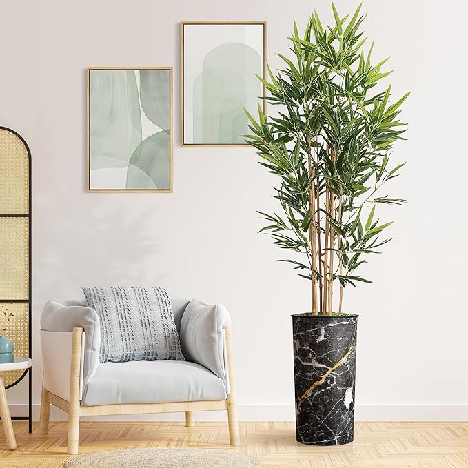 Artificial Tree in Modern Granite Effect Planter, Fake Bamboo Silk Tree for Indoor and Outdoor Home Decoration - 70" Overall Tall (Plant Pot Plus Tree)