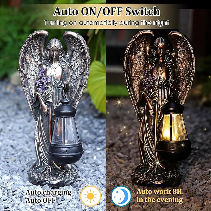 VChymm Solar Angel Outdoor Garden Decor Statues – 13.2 inches Solar Outdoor Sculptures for Outside Yard Art Patio Balcony Front Lawn Ornaments Gifts for Mom Grandma Women（Bronze）