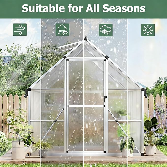 8x10 Ft Sturdy Greenhouse with Roof Vent, Polycarbonate Greenhouse with Lockable Door, Aluminum Large Walk-in Green House for Outside Garden Backyard, Patio, Lawn, and Garden