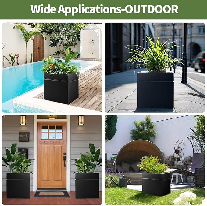HONYTA Matel Planter Box 17" L x 17" W x 18" H, Cube Heavy Duty Powder Coating Steel Planters with Drainage Hole, Indoor Outdoor All-Weather Use for Home, Porch, Patio, Hotel(Black)