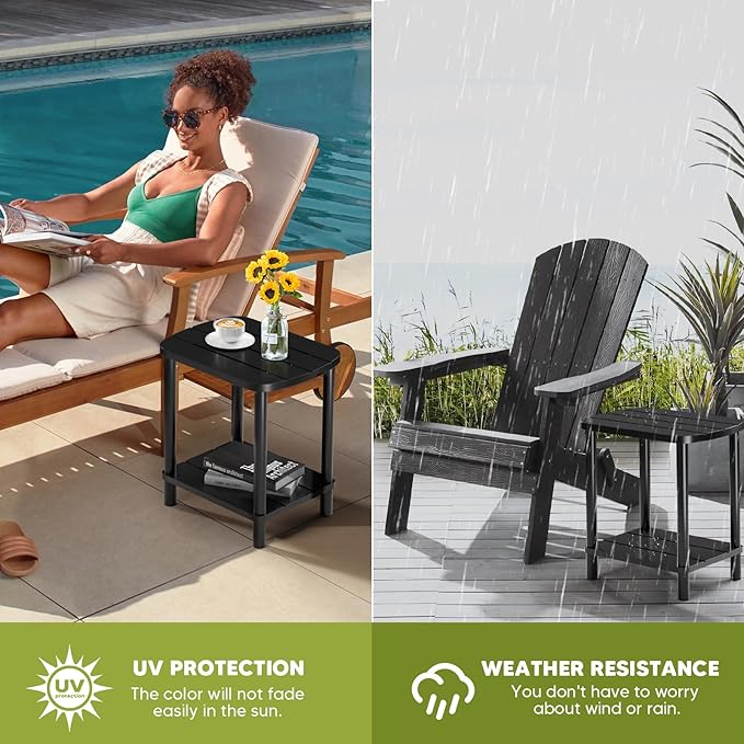 Outdoor Coffee Table, 2-Tier Adirondack Outdoor Side Table Weather Resistant, Patio End Table for Pool, Porch, Backyard.