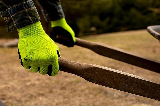 G & F 1516 12 Pairs Pack Premium High Visibility Work and gardening Gloves for Men and Women. MicroFoam Textured Coated Palm and Fingers Gloves for Gardening Work, Size Small, Green