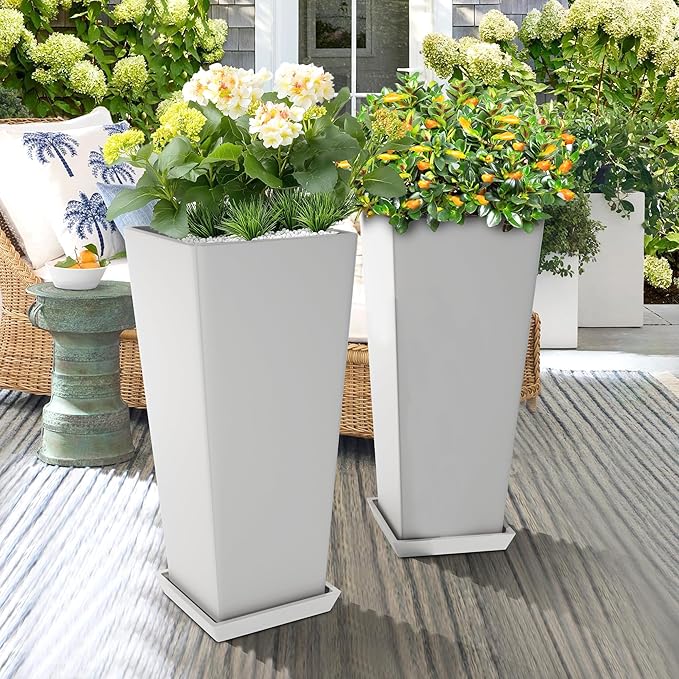 TUYOHW Set of 4 24" Tall Plastic Planters with Trays, Large Tapered Plant Pots for Indoor Outdoor Use, Modern Decorative Planters for Porch, Patio, Garden, and Backyard
