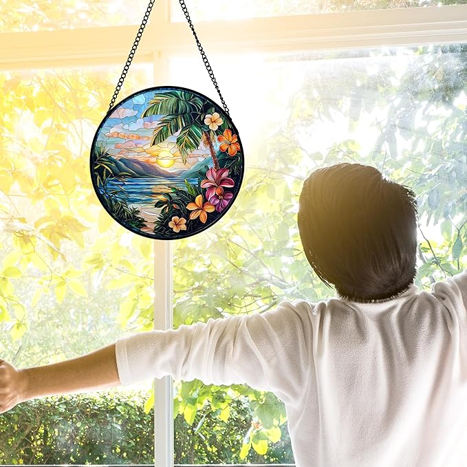 DASTOLL Stained Glass Window Hanging, Colorful Landscape Suncatcher for Doors Home Sun Catchers Decoration and Christmas, Mother's Day Birthday Gifts for Women, Men, and Mom 6.3 in