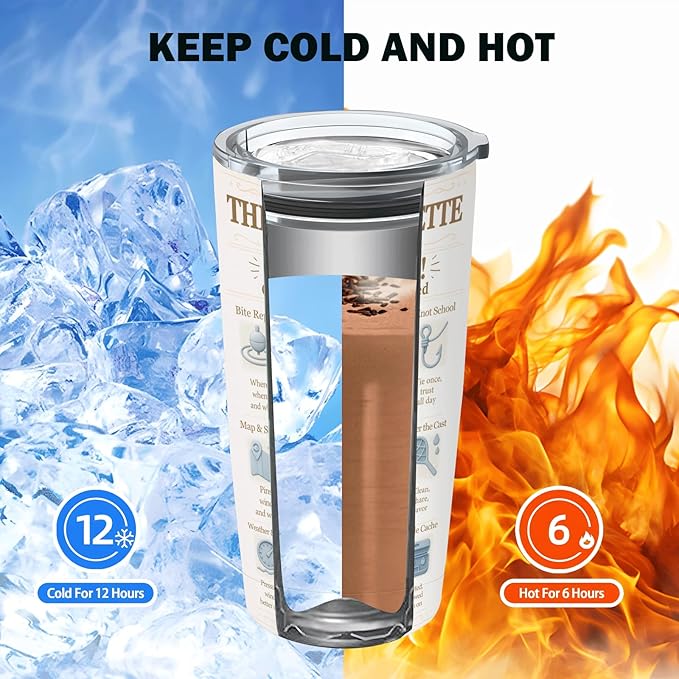 Fishing Gifts Fisherman Tumbler 20oz, Stainless Steel Vacuum Insulated Skinny Travel Mug – Vintage Newspaper Angler Art, Embossed Fish & Hook Icons, Cup Holder Friendly, Fishing Gift for Men, Dad