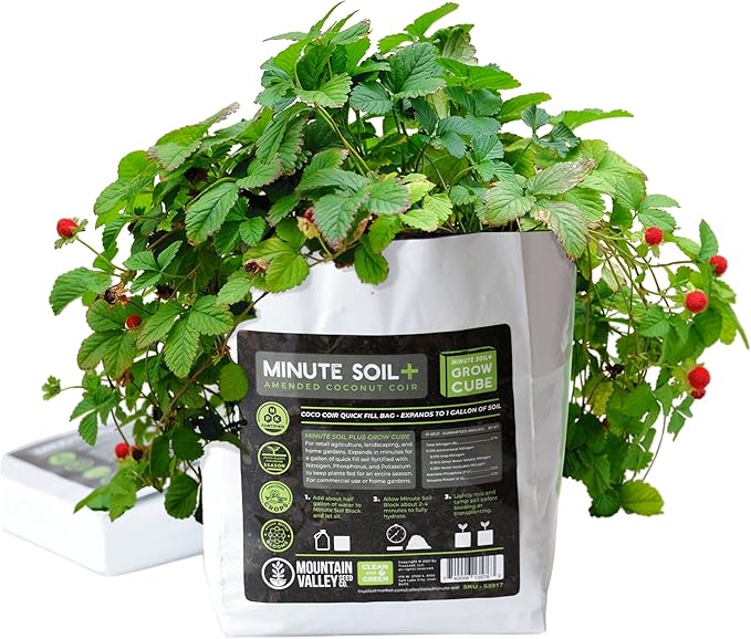 Minute Soil Plus Grow Cube - Amended Coco Coir Potting Soil - 1 Gallon Plastic Grow Bag - 1 Cube - Self Contained Expanding Coconut Coir Grow Planter - Added Nutrients Feed Plants for an Entire Season