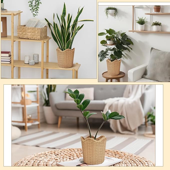 Weysat Scalloped Edge Basket Weave Pattern Planter Resin Plant Pot Holder Storage for Indoor Outdoor Planting Farmhouse Handmade Home Decor