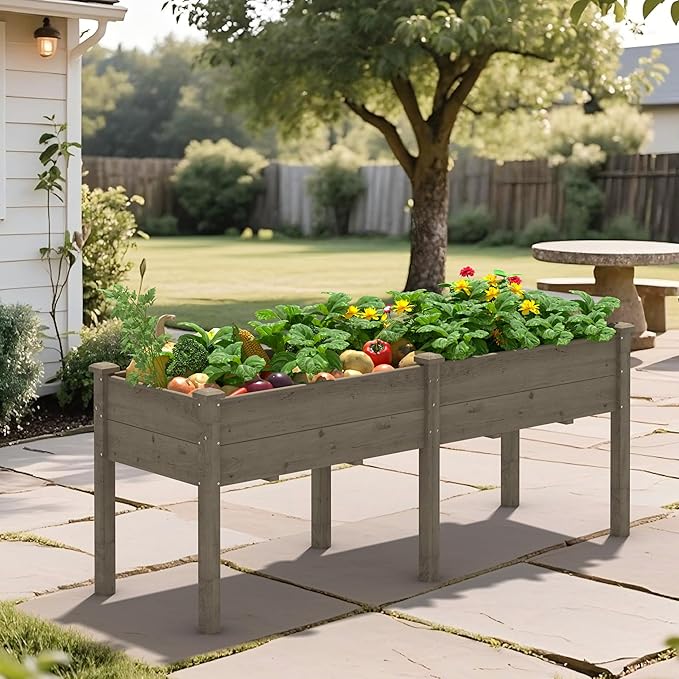 72x23x30in Raised Garden Bed with Legs, Outdoor Elevated Wood Planted Box with Divider Panel & Drainage Hole for Vegetable Flower, Backyard and Patio, Brown