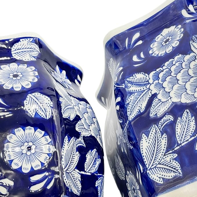 Galt International Dark Blue & White Round Fluted Floral Porcelain Ceramic Plant Flower Planter Pot Set of 3 (7.5", 10", 13") Garden Pots Chinese Asian Design